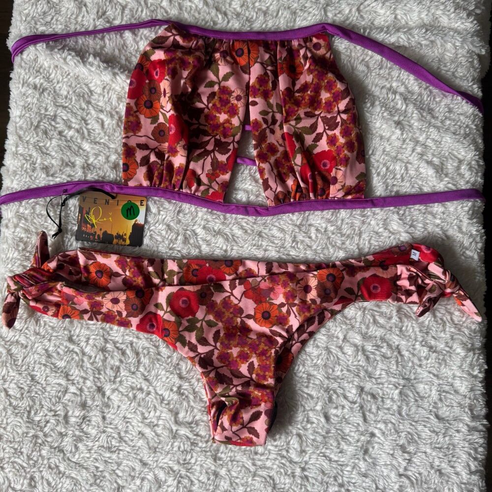 Venice Rani Swimwear Pink Floral Tie Bottom Two Piece Bikini Medium NWT